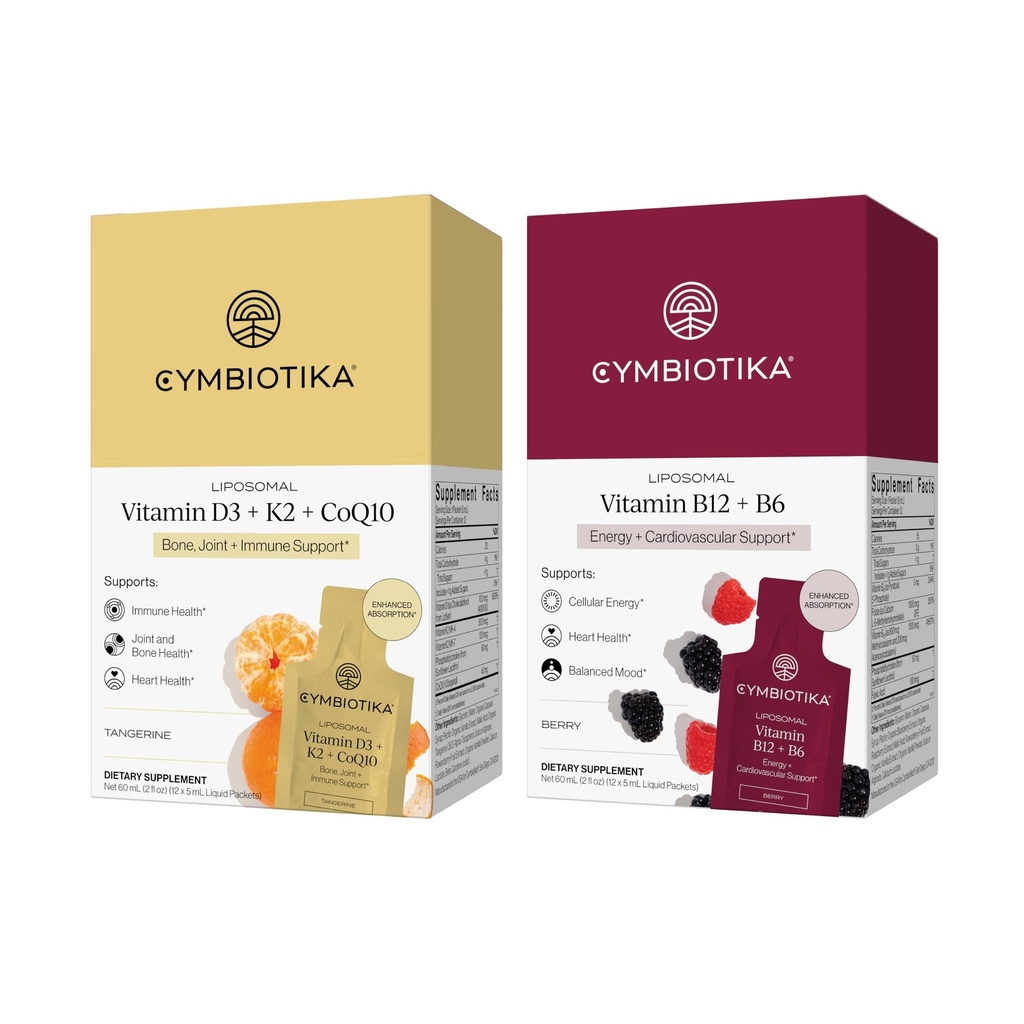 CYMBIOTIKA Liposomal Vitamin B12 + B6 & Vitamin D3 + K2 + CoQ10, Cellular Energy, Joint + Bone, Brain + Heart Health, Nerve Function, Immune Support, High Absorption, 2 x 12 5 mL Liquid Supplements