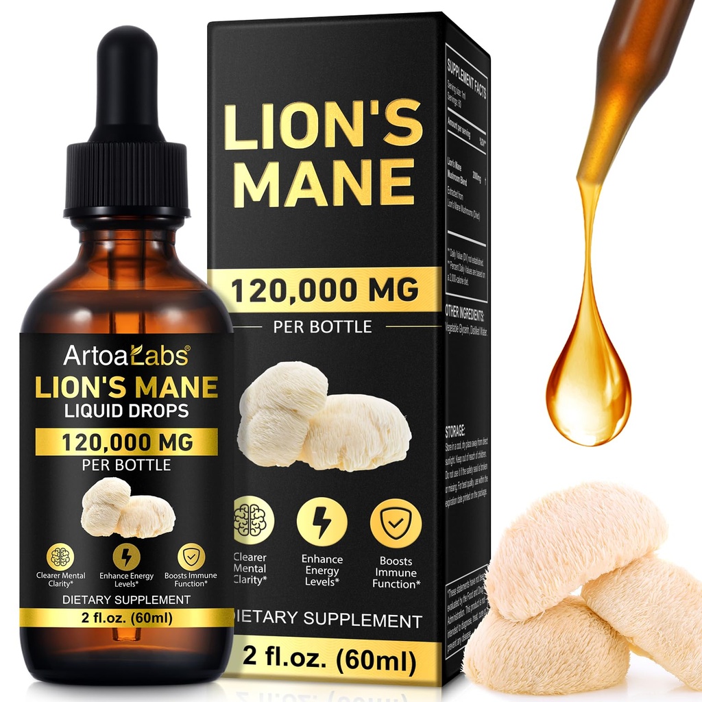 Lions ManeMushroom Drops – Brain Supplement 120,000 MG, Memory Focus & Immunity Vitamins, Plant Extract 2Oz