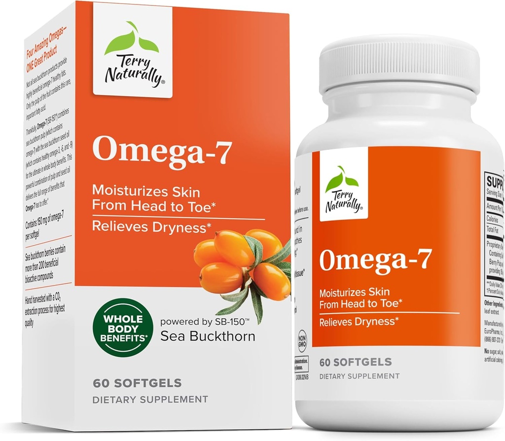Terry Naturally Omega-7 - Dieetsupplement met essentiële vetzuren - Voedingssupplement ter ondersteuning van de huidgezondheid met Sea Buckthorn, Berry Pulp & Seed Oil - 60 Softgels (pakket van 2)