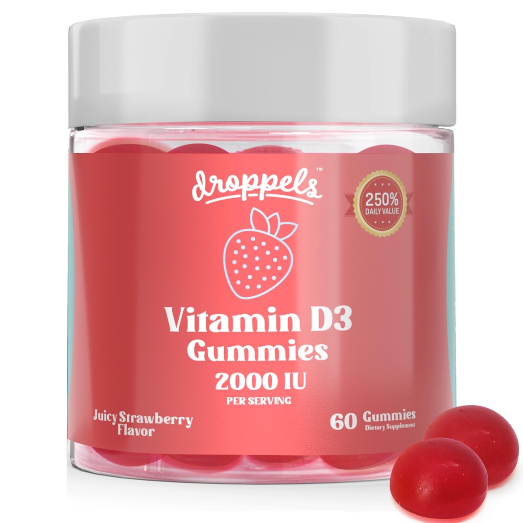 Droppels Vitamin D3 Gummies 2000 IU – Extra Strength, Vegetarian, Pectin Plant-Based Vitamin D Gummies for Bone Health Support – Juicy Strawberry Flavor, 60 Count (1-Month Supply)