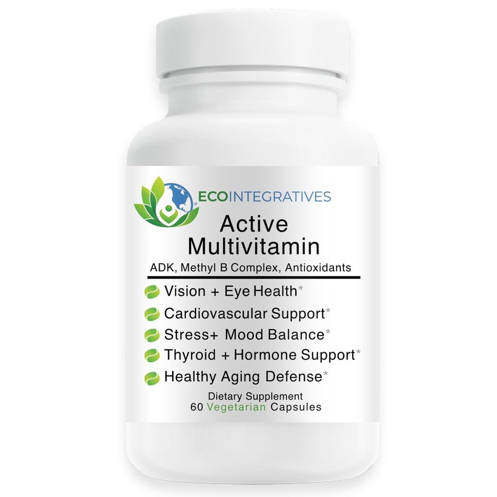 Active Multivitamin ADK Methyl B Complex - Quatrefolic Folate, P5P, Methyl B12, Vitamin D3 K1 K2 - Energy & Cellular Metabolism - Vegan, Non-GMO, Gluten-Free, Soy-Free - 60 Capsules