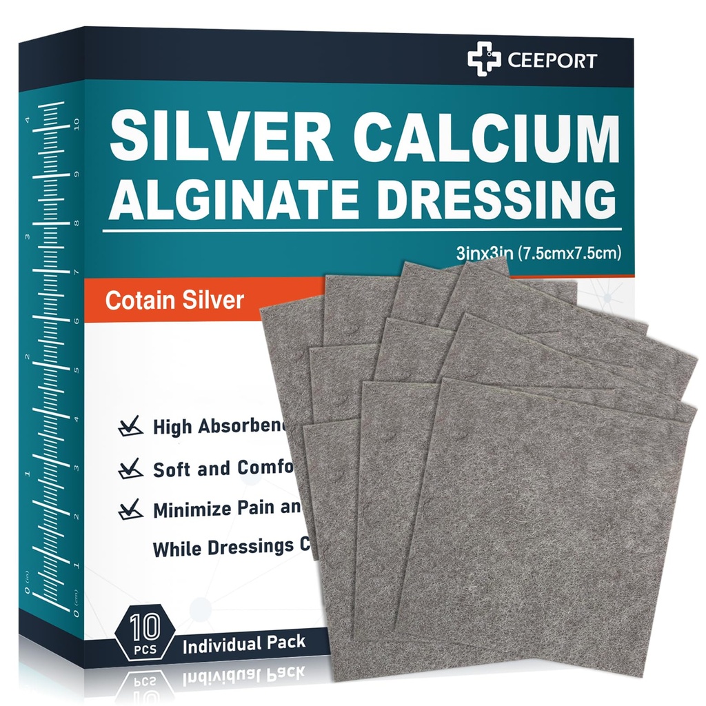 Ag Silver Calcium Alginate Wound Dressing Pads 3' x 3' (Pack of 10), Zacht Zeer Absorberende Silver Wound Dressing, Niet-Adhesive Dressing voor Wound Care, Painless Removal Gauze Pads voor Wounds