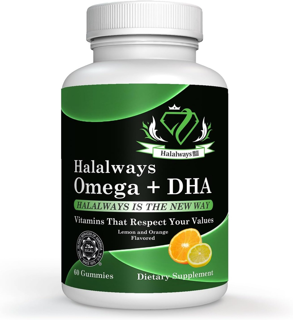 Halalways Omega + DHA Gummies - Triple Strength Omega 3 Visolie Gummy Vitaminen met DHA vetzuren, Nature's Heart Health, Orange & Citroen Smaak Certified Halal Supplement
