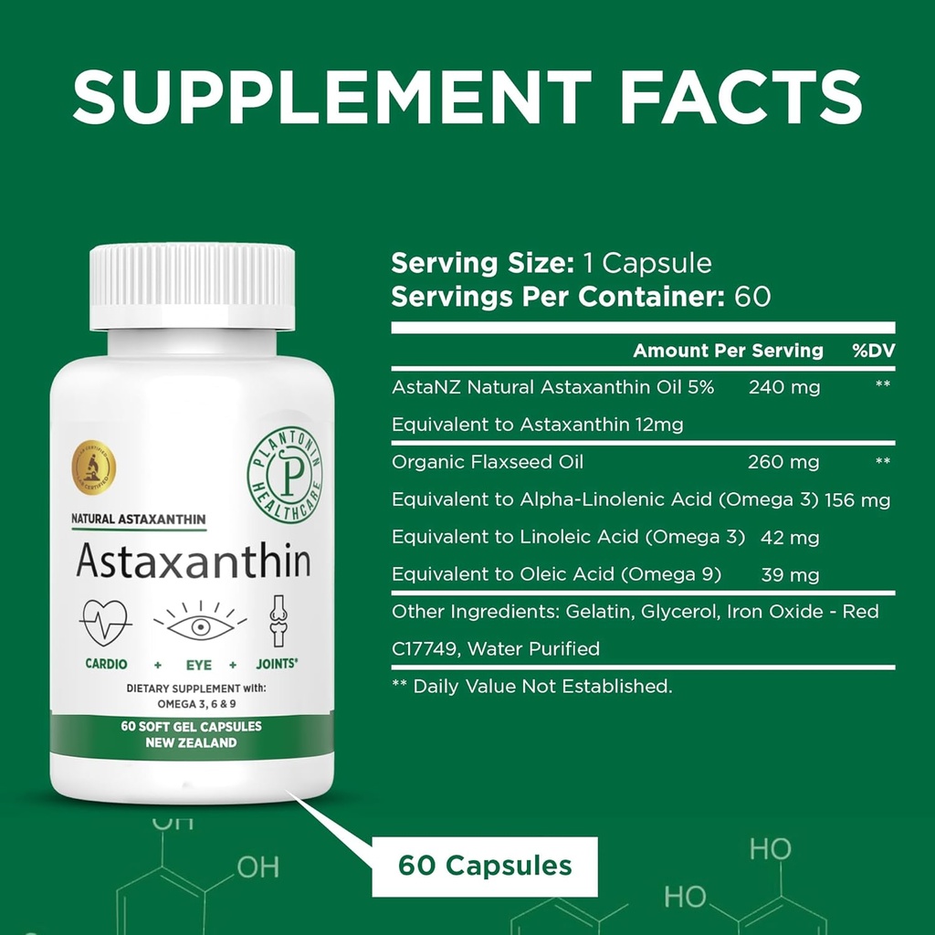 Nieuw-Zeeland - Astaxanthine 12 mg van Microalgen Hematococcus Pluvialis - 60 Zachte Gels - GGO & Glutenvrij - Antioxidant - Ondersteunt gezamenlijke mobiliteit & Post Oefening Herstel, Huid & Oog Gezondheid