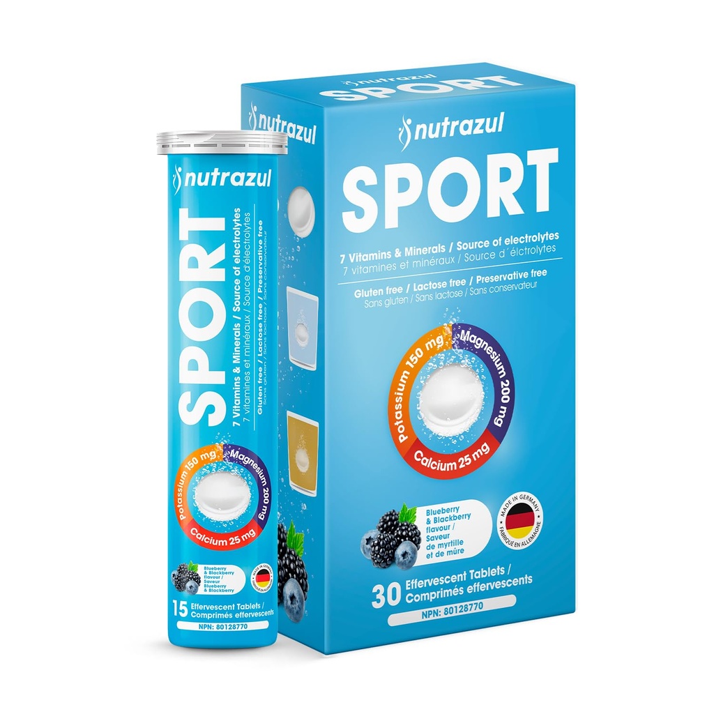 nutrazul Sports Effervescent Tablets, Electrolytes & 7 Vitamins & Minerals, Daily Hydration and Energy, Caffeine-Free, Blueberry & BlackBerry Flavor, 30 Count