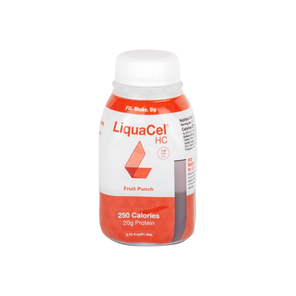 LiquaCel HC High-Calorie High-Protein Drink, Fruit Punch Flavor, 250 Calories & 20g Protein per Serving, Gluten Free, Kosher, Suitable for Lactose Intolerance, 2.75 fl oz Bottle, 90ct Case