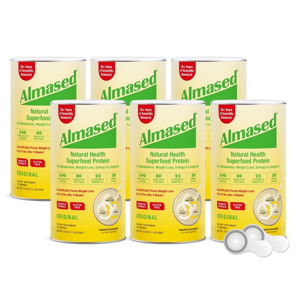 Almased Health Superfood Protein Powder for Weight Loss, Meal Replacement Shake, high protein, Complete nutrition (Original Flavor, 6 Cans @ 17.6 oz ea + scoop + 700ml Shaker Bottle)