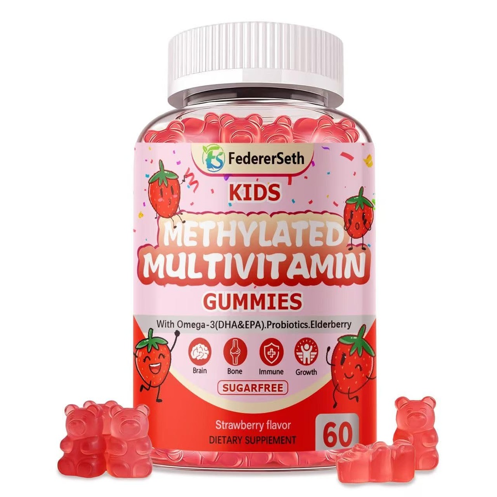 Methylated Multivitamin Kids Gummies + Omega3, Methylfolate & B12, Calcium, Probiotics, Elderberry, for Kids & Teens. Multivitamin for Growth, Immune, Bone, Brain, Focus, No Sugar - 60 Count