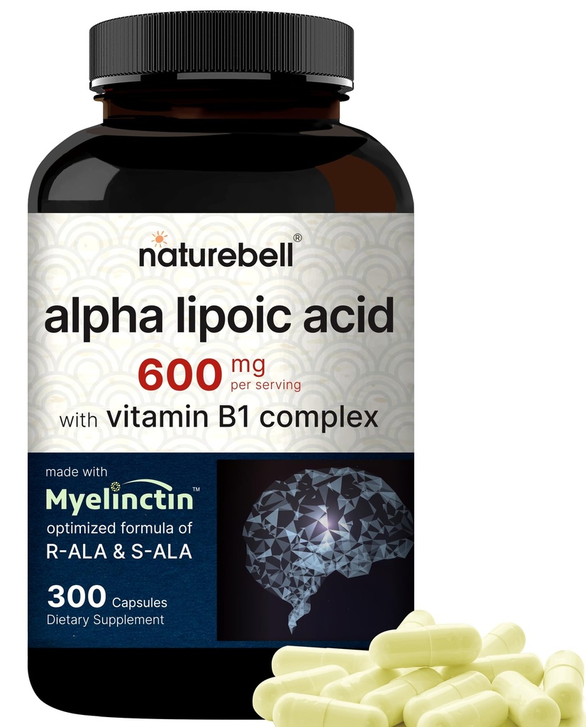 NatureBell Alpha Lipoic Acid Complex, 600mg, 300 Capsules | 4-in-1 Myelinctin Formula with R-ALA, S-ALA, Thiamine & Benfotiamine | High Absorption & Antioxidant Support | Non-GMO, Gluten-Free