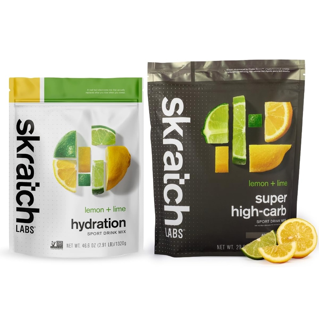 Skratch Labs Hydration Bundle | Lemon Lime Sports Hydration and High Carb Drink Mix | Electrolyte Replacement Powder | Keto Friendly, Non-GMO