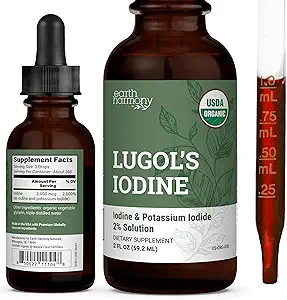 Organische Lugol's Jodium, Jodium en Kalium Jodide 2% Solution 3000 mcg - Liquid Supplement Drops for Thyroid Support for Women & Men, Metabolisme Health, Detox Boost - Non-GMO, 395 Servings (2 Oz)