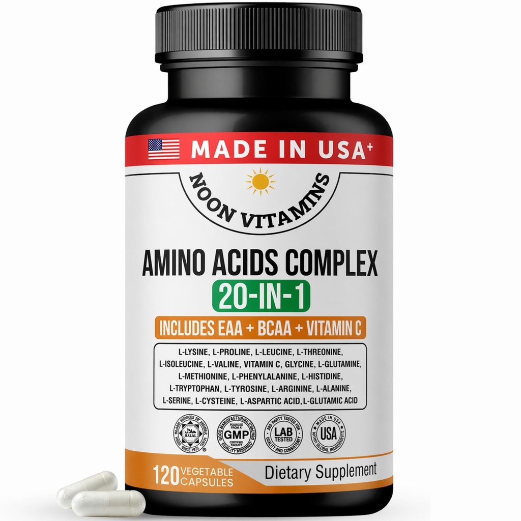 Amino Acid Capsules for Muscle Recovery EAA + BCAA Complex 2550mg, 20 Aminos + L-Lysine & Vitamin C Supports Energy & Performance 120 Vegetable Capsules, Halal