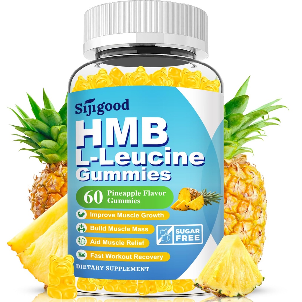 HMB and L-Leucine Gummies, Leucine Supplements with Vitamin D3, HMB Supplements for Men & Women, Sugar Free, Vegan, Pineapple Flavor, 60 Count