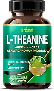 GriMed L-Theanine 11,900mg- X10 Power with Apigenin, GABA Ashwagandha, Rhodiola - Relaxation & Restoration Focus and Memory - Made in USA (150 Count (Pack of 1))