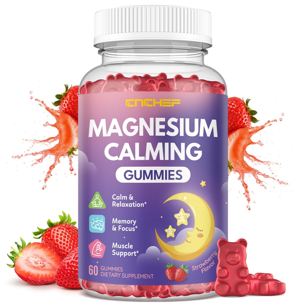Magnesium Calming Gummies for Kids 4+ & Adults, Sugar Free Magnesium Supplement with L-Theanine, Chamomile, Vitamins B6, D3, K2, Zinc for Sleep, Relaxation, Focus & Muscle Support, Strawberry Flavor