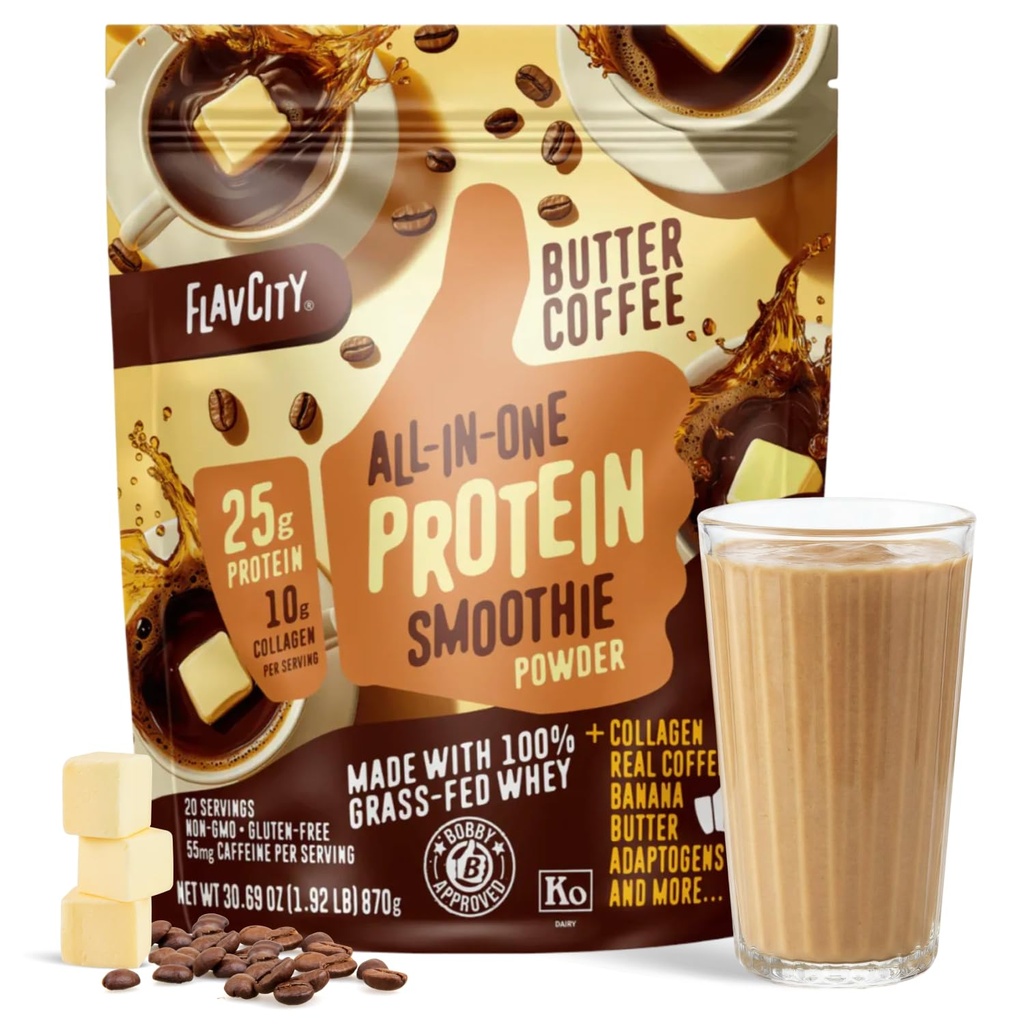 FlavCity Grass Fed Whey Proteine Powder - Butter Coffee - 25g Proteïne, 10g Collageen & 87mg Cafeïne - Gemaakt met biologische Reishi & Cordyceps - Glutenvrij & geen toegevoegde suiker (20 porties)