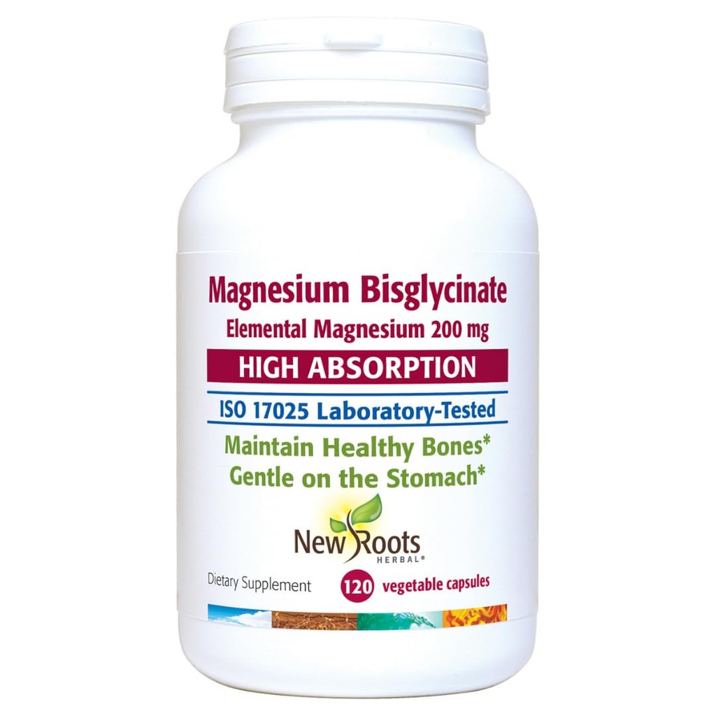 New Roots Herbal Magnesium Bisglycinate, 120 Capsules 120-Day Supply - 200mg Elemental Magnesium for Sleep, Heart, Muscle Function, Electrolyte Balance and Bone Health - Gentle on Stomach - Non-GMO