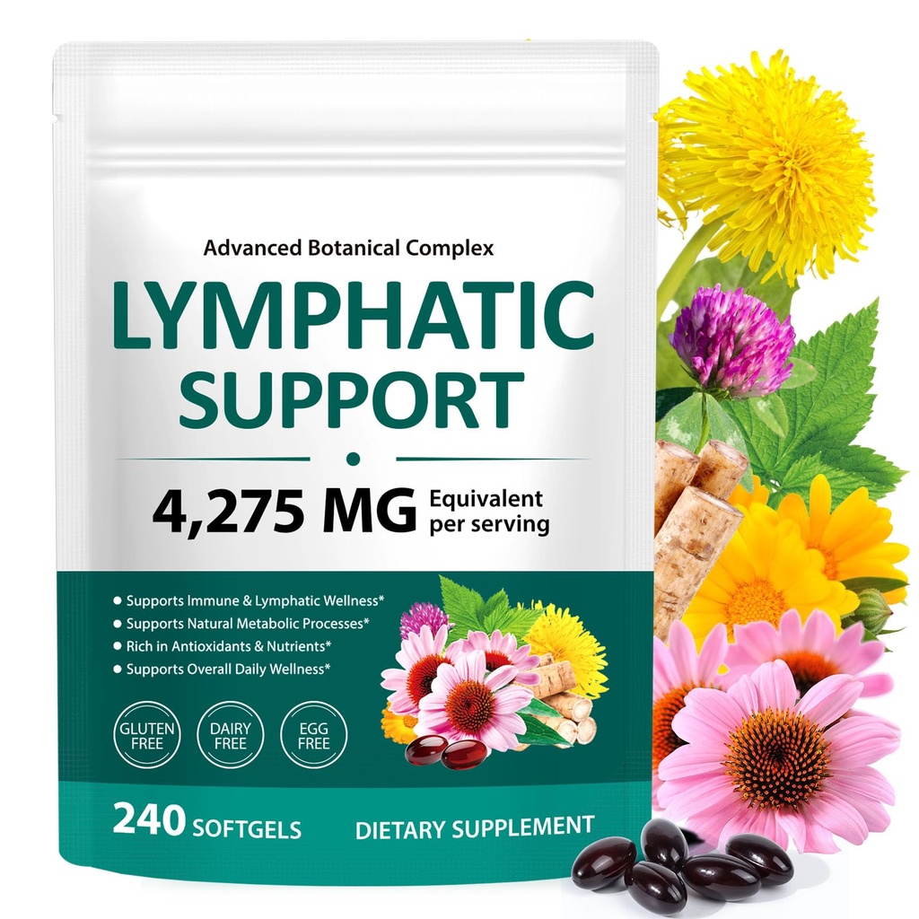 Lymphatic Drainage Supplements, 240 Softfels, 21-in-1 Natural Herbal Blends with Echinacea, Dandelion, Burdock Root for Lymph System, Immune Support, Cleanse, Less Swelling/Bloating