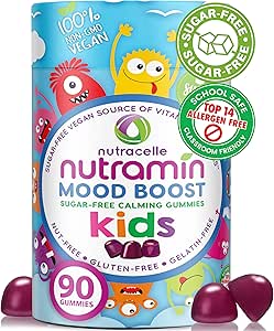 NUTRAMIN Kids Mood Boost Vegan Vitamin Gummy: Calming Magnesium Citrate Supplement voor kinderen met Ashwagandha & Vitamin B Complex te ontspannen & Focus - Sugar-Free, Allergie-Safe, Non-GMO 90 ct
