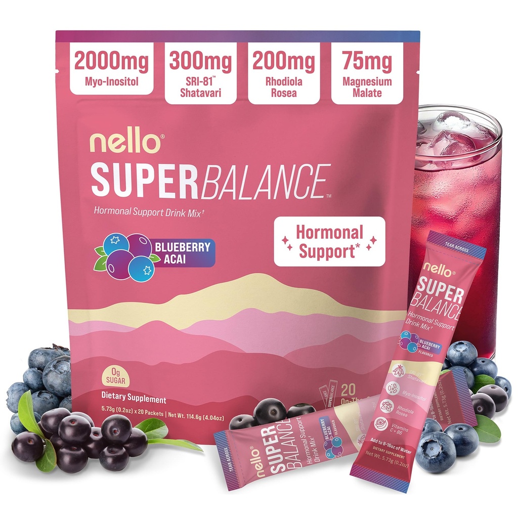 Nello Superbalance Hormonal Support Drink Mix, SRI-81 Shatavari, Myo-Inositol, Rhodiola Rosea, Vitamin C, Magnesium, Theobromine (20 Servings, Blueberry Acai)