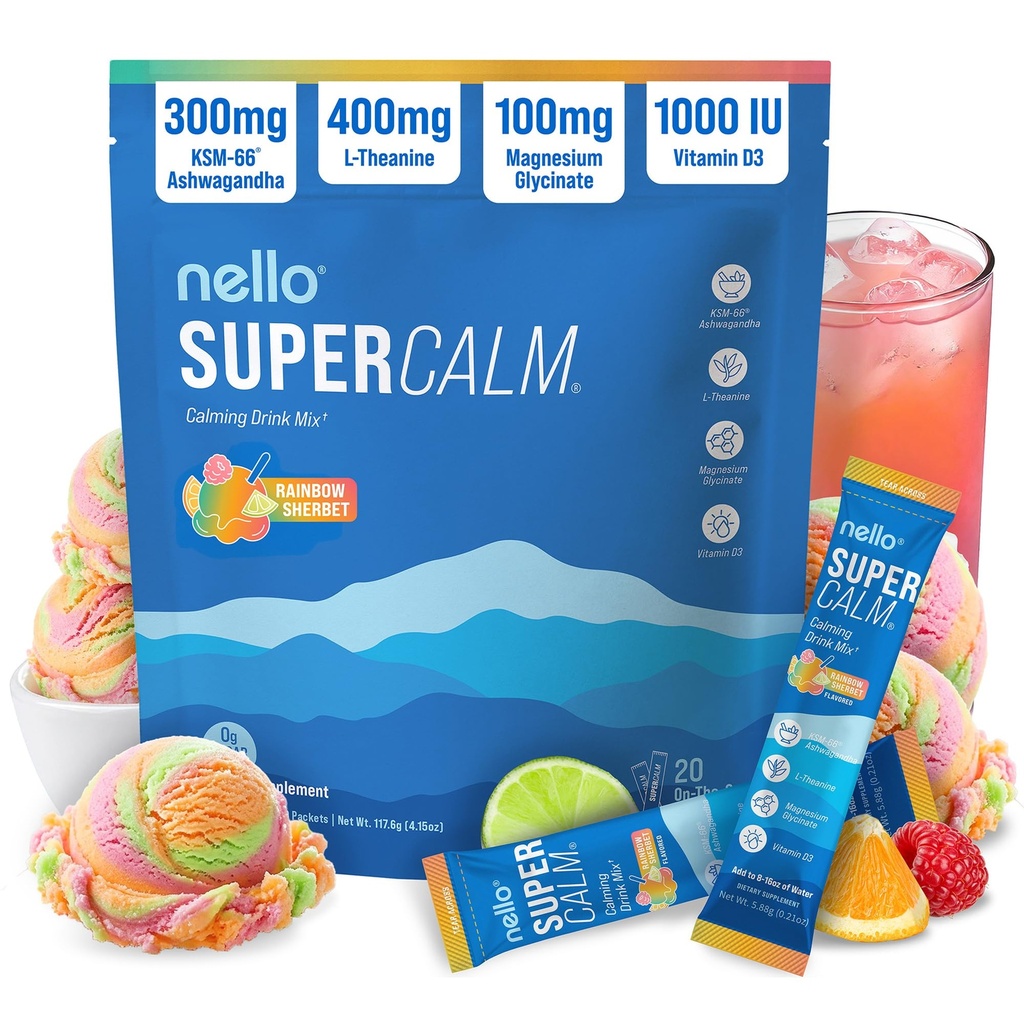 Nello Supercalm Powdered Drink Mix, Cortisol Reducer and Sleep Aid Supplement, L Theanine, Ksm-66 Ashwagandha, Magnesium Glycinate, Vitamin D 3, No Sugar, Non GMO, On The Go, 20 Ct, Rainbow Sherbet