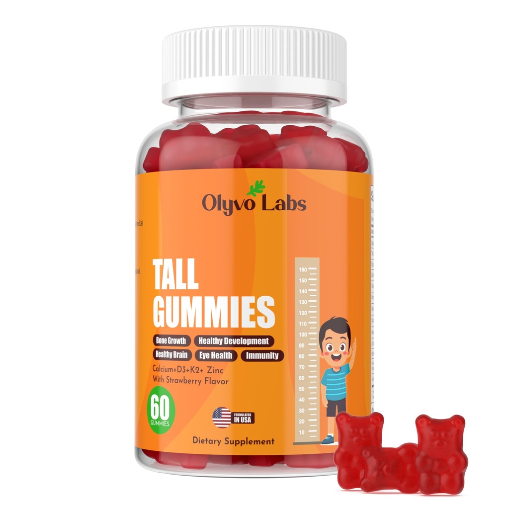 Tall Gummies for Kids Age 2+ & Teens- Grow Tall Gummies with L-Arginine, Vitamin D3 + K2 Calcium, Zinc, Magnesium, Vitamin C for Teen Boys & Girls- Strawberry Flavour 60 Gummies
