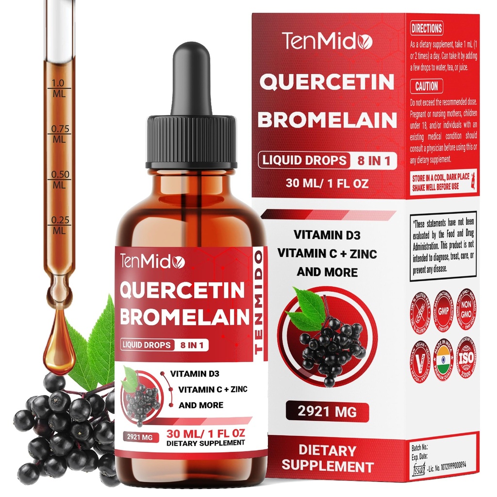 Quercetin with Bromelain Liquid Drops - 8in1 with Vitamin D3, Vitamin C, Zinc, Elderberry, Stinging Nettle, and Black Pepper - Support Immune System - 30ml 1 Fl Oz
