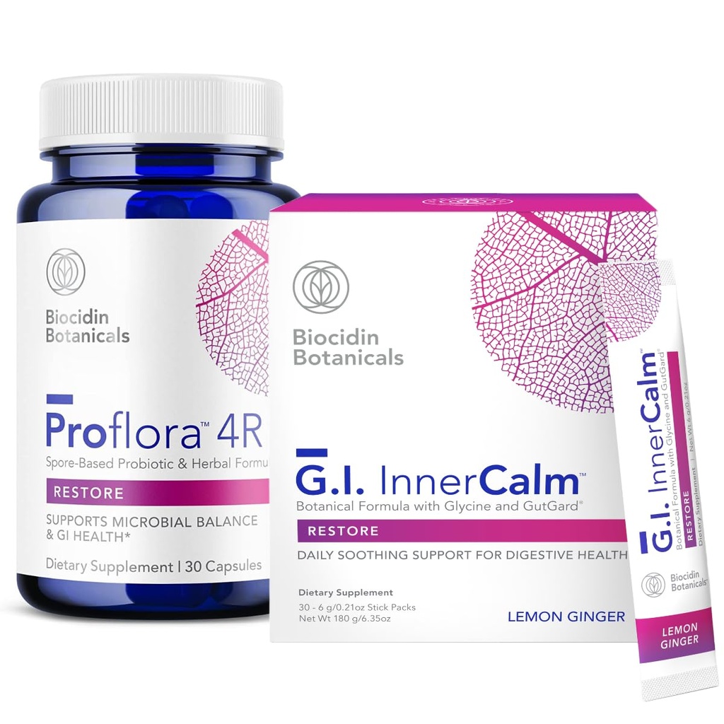 Biocidin Research GI InnerCalm & ProFlora 4R Probiotic Gut Health Bundle - Soothing Daily Gut Support Drink & Spore Based Probiotic with Aloe to Support Digestion, Occasional Gas & Bloating