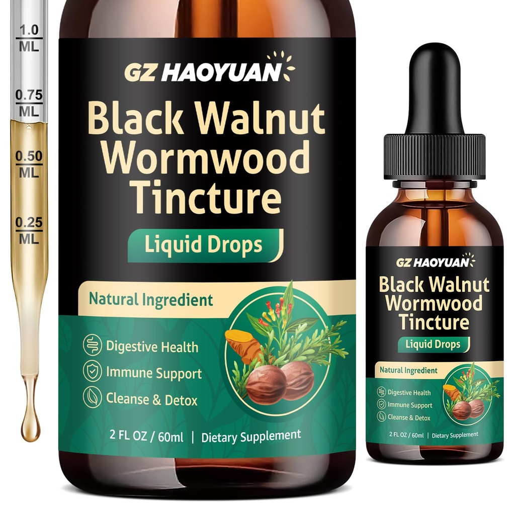 Black Walnut Wormwood Tincture – Gut Health Support Supplement Liquid Drops with Clove, Pumpkin, Oregano, Turmeric, Soursop & Berberine – Gentle Gut Cleanse & Digestive Health, Gut-Friendly, 2 FL OZ