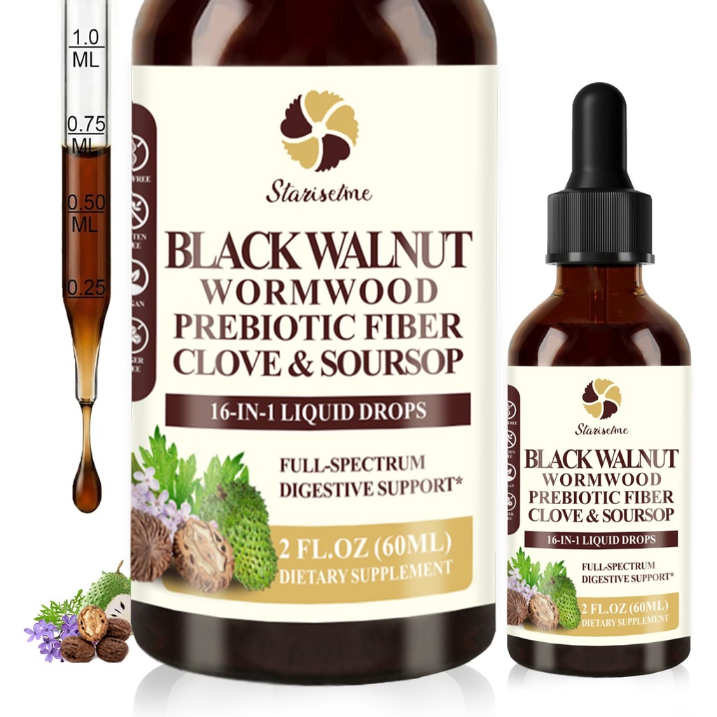 Wormwood Black Walnut Cleanse for Humans Tincture – Max Strength Gut Health Prebiotics w/Clove, Soursop,Pumpkin Seed, Plus Vitamins, Minerals for Immune & Mood丨Women & Men- Vegan, Non-GMO