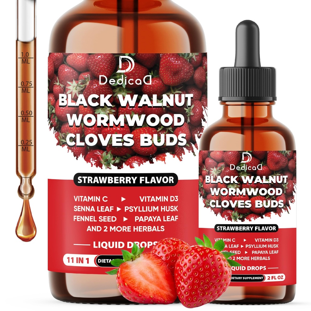 DEDICAD 11in1 Black Walnut Wormwood Cloves Liquid Drops with Cloves Buds, Senna Leaf, Psyllium Husk, Fennel Seed, Papaya Leaf and More - 2 oz Fl - 60 Days - Strawberry Flavor