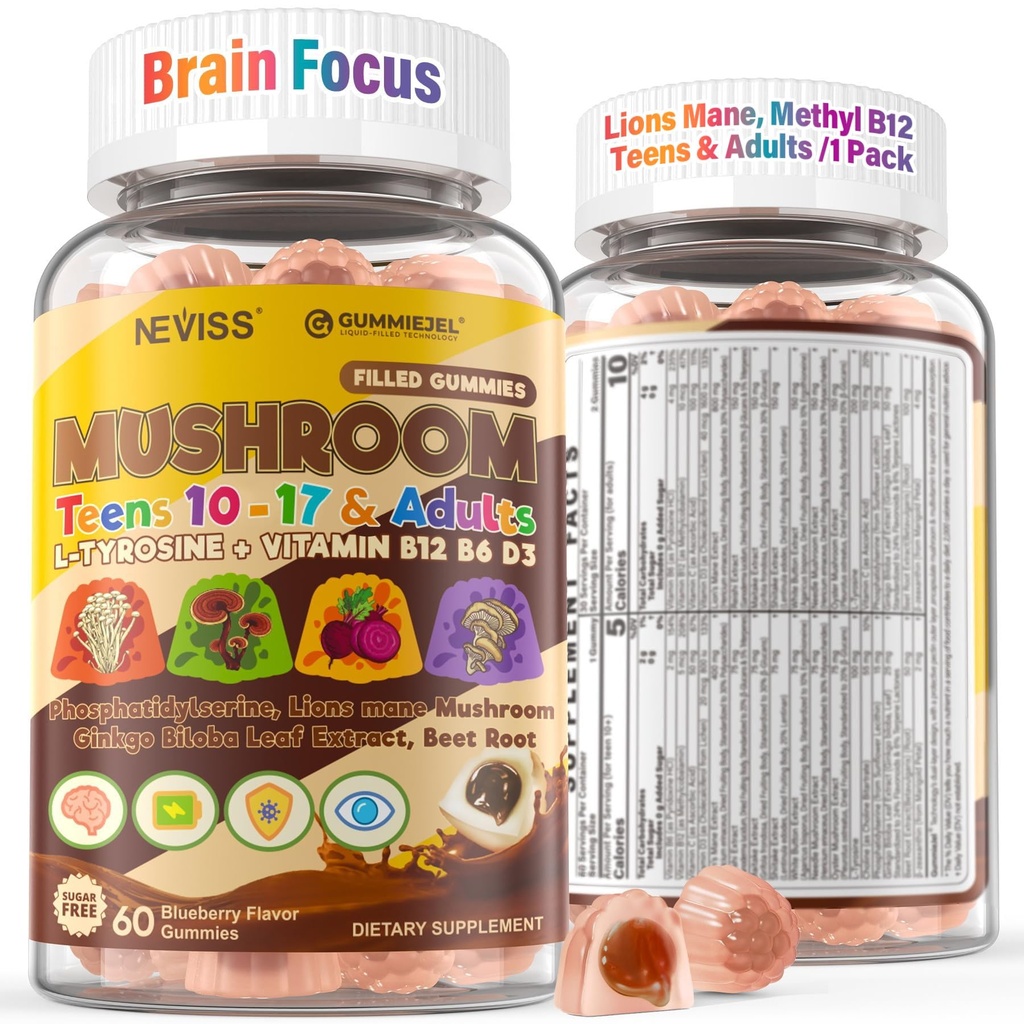 Neviss Teen Vitamin Gummies with 7-in-1 Mushroom for Boys Girls 12-17 Brain Focus, Multivitamin B12 B6 D3 C for Teens & Adults, Kids 10+ Lion's Mane Gummy, Memory & Energy, PS, L-Tyrosine, Sugar Free