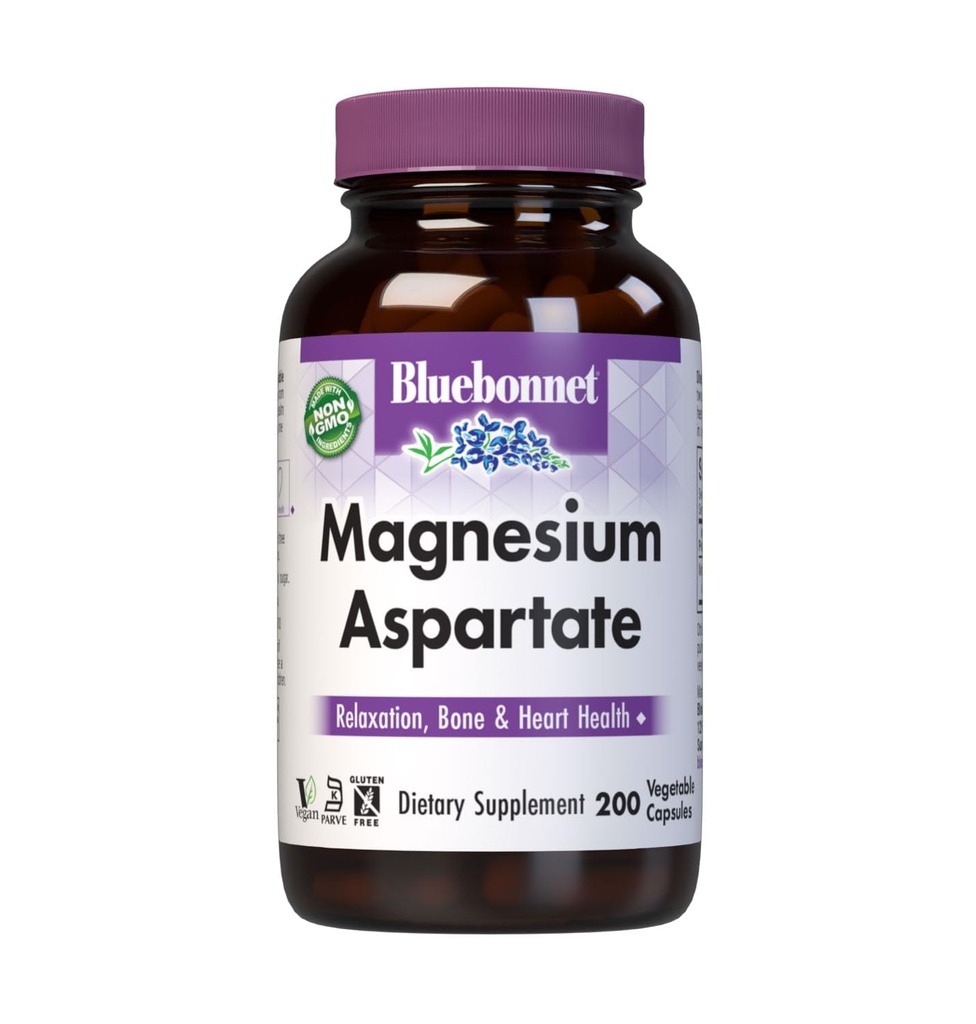 Bluebonnet Nutrition Magnesium 400 mg chelated Magnesium aspartaat Daily Mineral, Heart & Bone Support* Supplement for Men & Women Vegan, Non-GMO - 200 plantaardige capsules