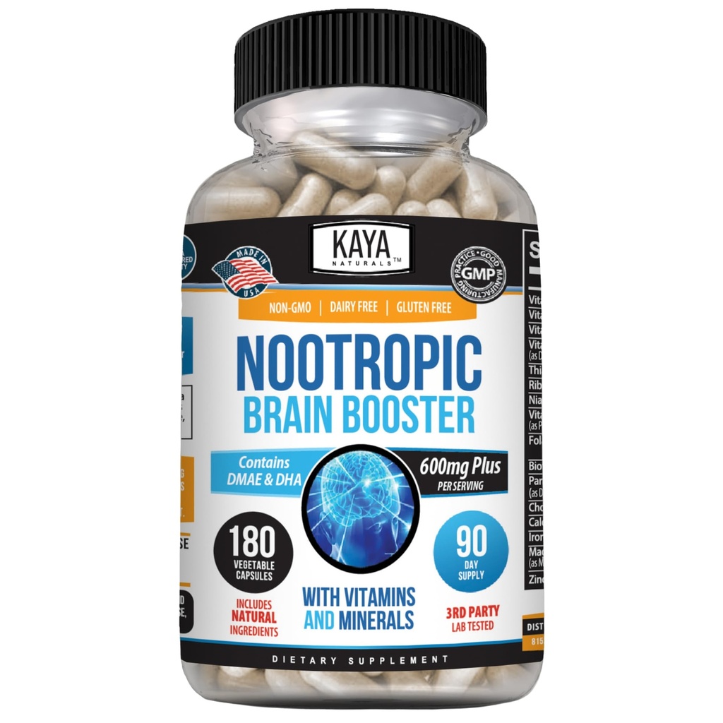 Kaya Naturals - Nootropic Brain Booster - for Memory & Focus - Brain Support Supplement - Focus & Concentration & Learning Accuracy - Cognitive Function - 180 Count (180 Count (Pack of 1)