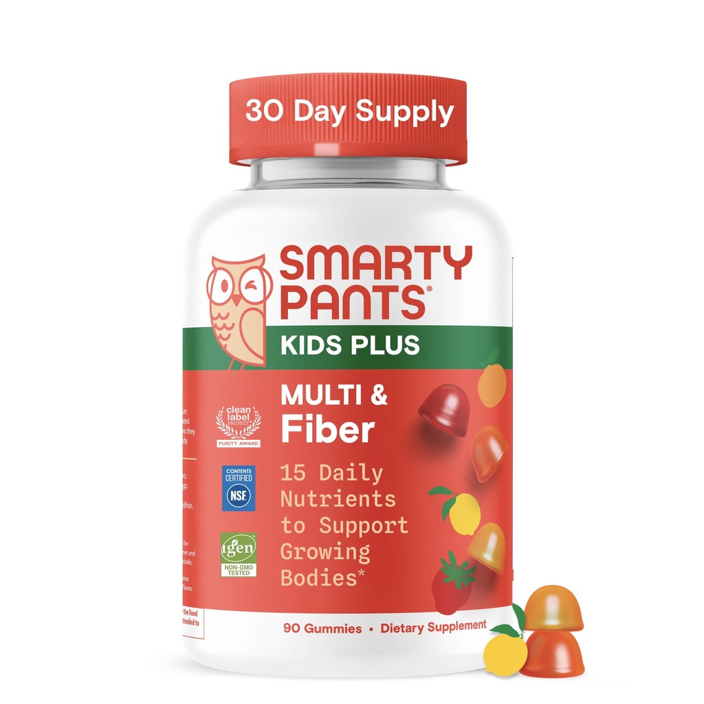 SmartyPants Kids Multivitamin & Fiber Gummies: Prebiotic Fiber to Support Kids Digestion with Vitamin D3, C, Vitamin B12, B6, A, Zinc, Biotin, Folate, Three Fruit Flavors, 90 Count (30 Day Supply)