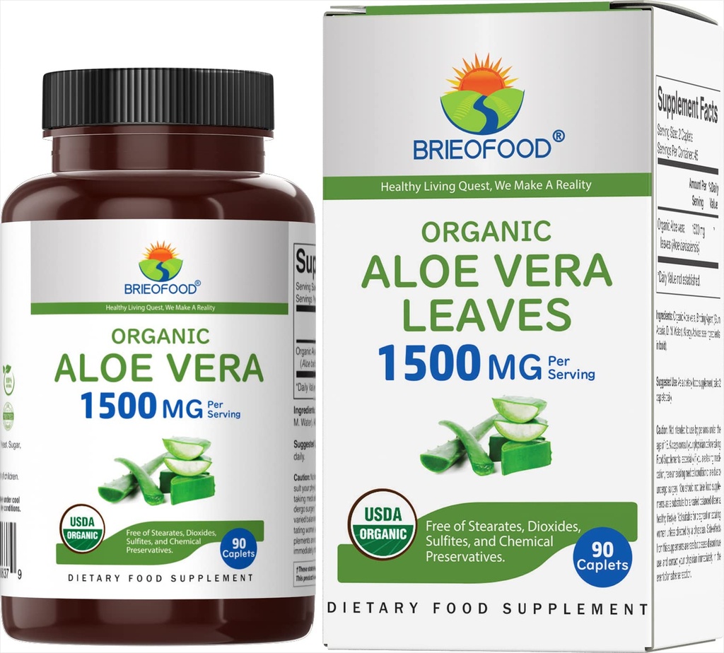 Brieofood Biologische Aloë Vera 1500mg, 45 porties, Vegetarisch, Glutenvrij, 90 Vegetarische tabletten