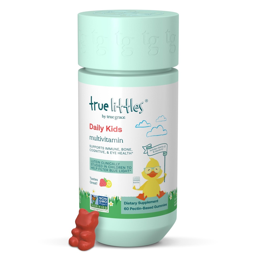 True Grace True Littles Daily Kids Multi - 60 Pectin Gummies - Immune, Cognitive, Bone & Eye Support - Clinically Studied Lutemax Kids Lutein & Vitamin D3 + K2 - Allergen Free & Vegan - 60 Servings
