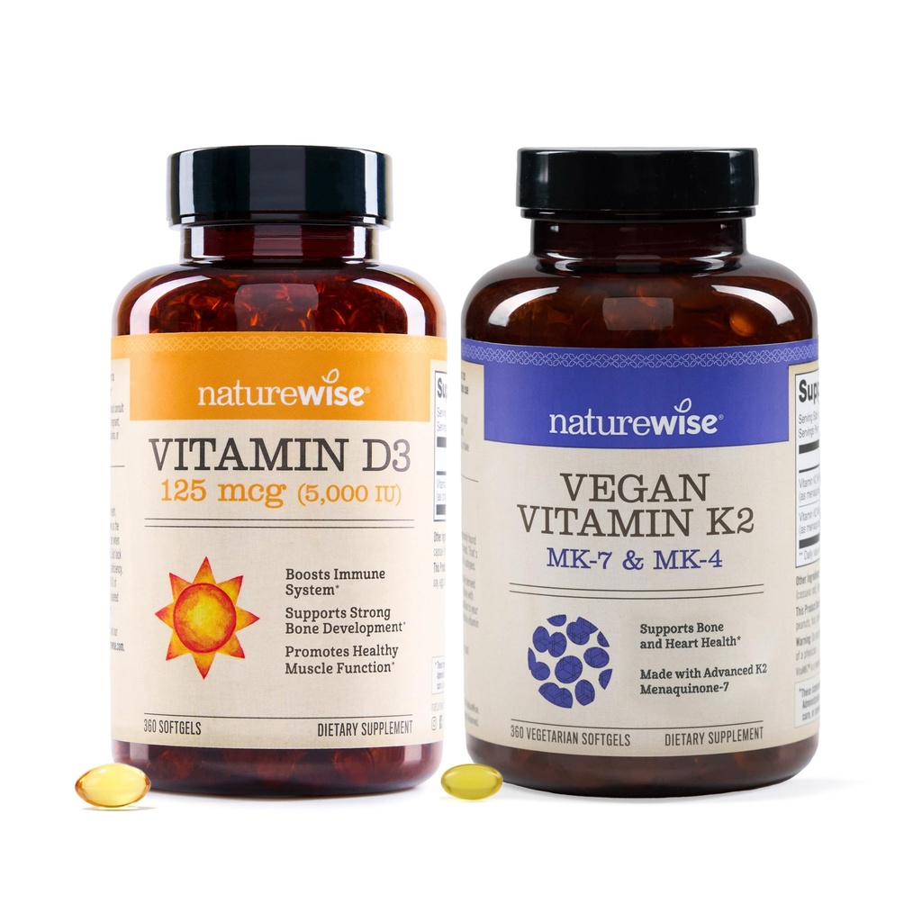 NatureWise Vitamin D3 5000IU (125mg) 360 Count + Vitamin K2 MK-7 100mcg and MK-4 500mcg 90 Count - Bundle for Bone & Heart Health - Gluten Free, Non-GMO, Halal Gelatin- 1 Year Supply