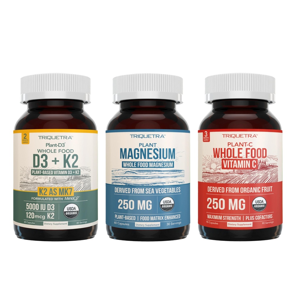Magnesium (60 ct), Plant D3 5000 IU + K2 MK-7 (60 ct) & Whole-Food Vitamin C (90 servings) Bundle | Vegan Supplements for Energy, Muscle & Immune Support | USDA Organic, Non-GMO, Gluten-Free