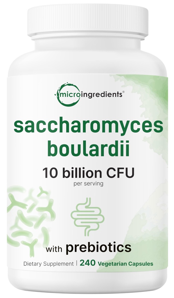 Micro Ingredients Saccharomyces Boulardii Probiotics 10 Billion CFU with Prebiotics, 240 Vegetarian Capsules | 2-in-1 Probiotic & Prebiotic Blend | Added Inulin from Chicory Root | Non-GMO