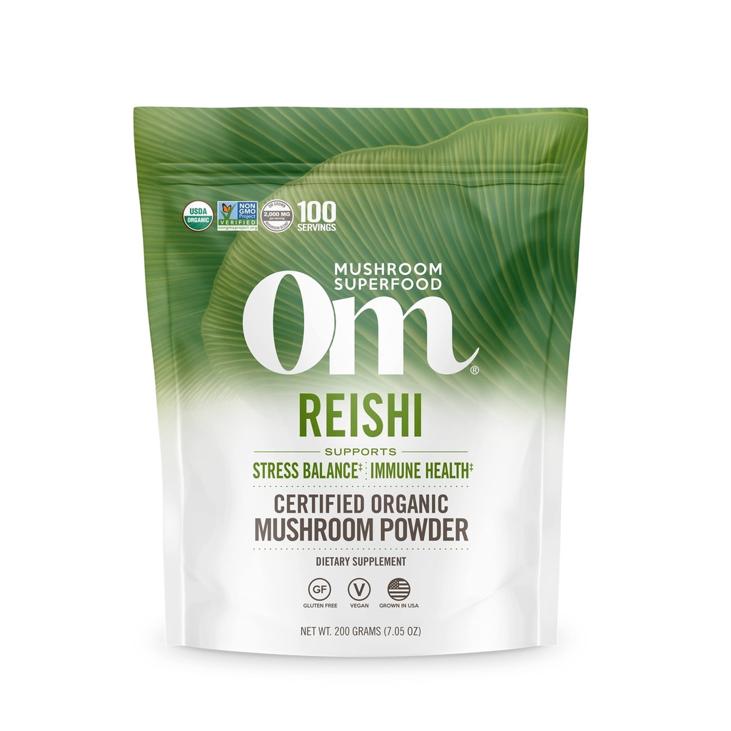 Om Mushroom Superfood Reishi Biologische Paddestoelenpoeder, 100 porties, Biologische Adaptogeen Poeder voor Stress Relief en Immune Health