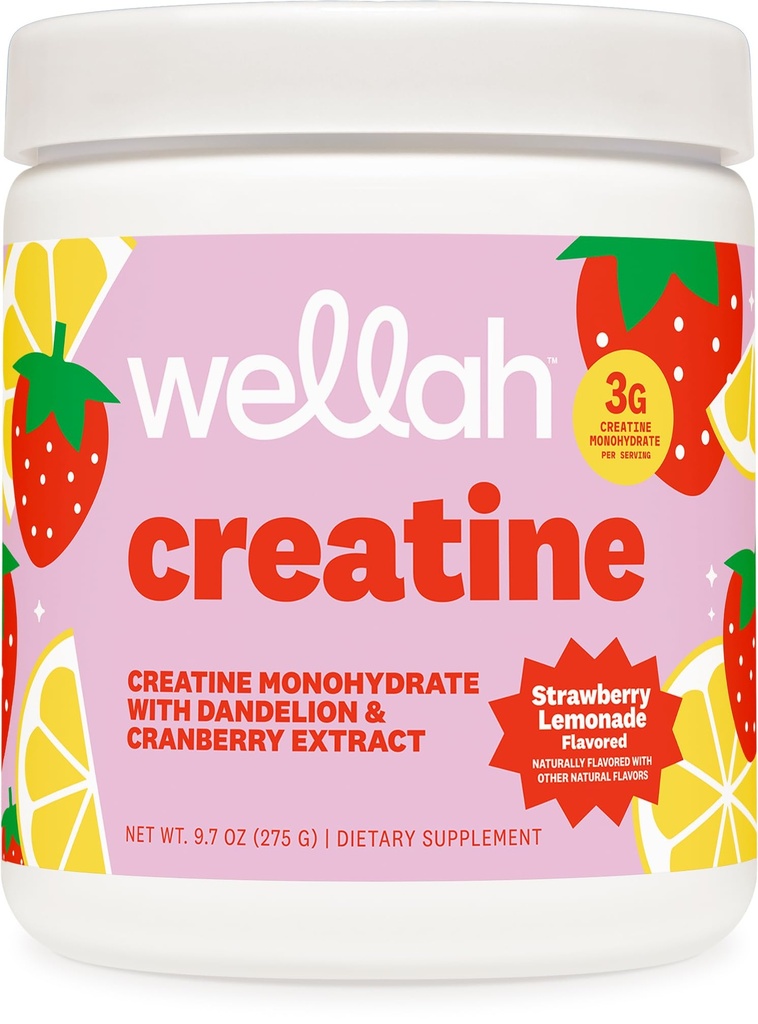 Wellah Creatine for Women - Creatine Monohydrate with Dandelion & Cranberry Extract (50 Serves, Strawberry Lemonade)