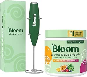 Bloom Nutrition Superfood Greens Powder, Digestive Enzymes with Probiotics and Prebiotics, Gut Health, Bloating Relief, Orange Passionfruit + Milk Frother High Powered Hand Mixer