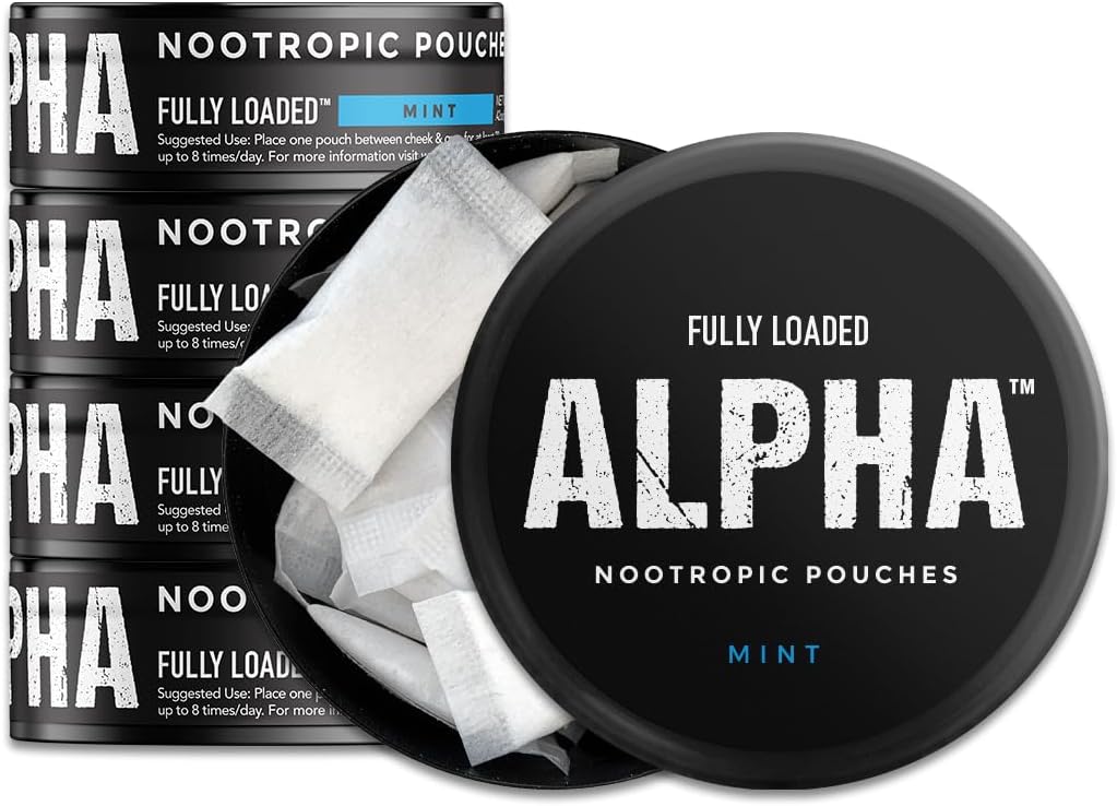 Volledig geladen Alpha Nootropic Pouches (Mint) - 5 blikken - 15 zakken per blik - Effectieve Nootropic Delivery, Nic Pouch Replacement - Snellere Absorptie, Alpha GPC, L-Tyrosine, GABA