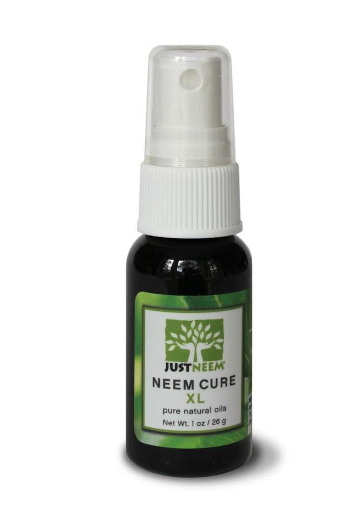 JustNeem Neem Cure Oil XL - Natural Neem Oil Blend- Best on Acne, Psoriasis, Eczema, Rosacea, Cold Sores, Toe Nails, Bug and Spider Bites and Other Skin Irritations. With Spray Head. 1 oz