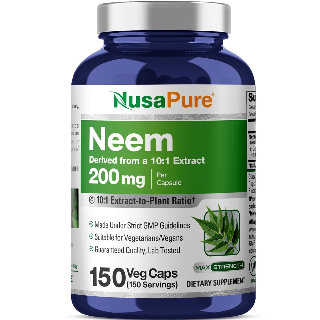 NusaPure Neem Leaf Root Capsules, 200 mg, 150 Veg Capsules (Non-GMO, Vegan)