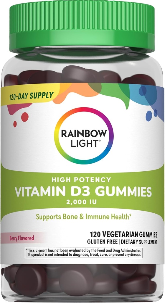 Regenbooglicht Vitamine D Gummies, Hoge Potentie Vitamine D3 2000IE Immune Health Ondersteuning, Helpt Steun Sterke Bones & Tanden, Glutenvrij, Veganistisch, Berry, 120 Gummies
