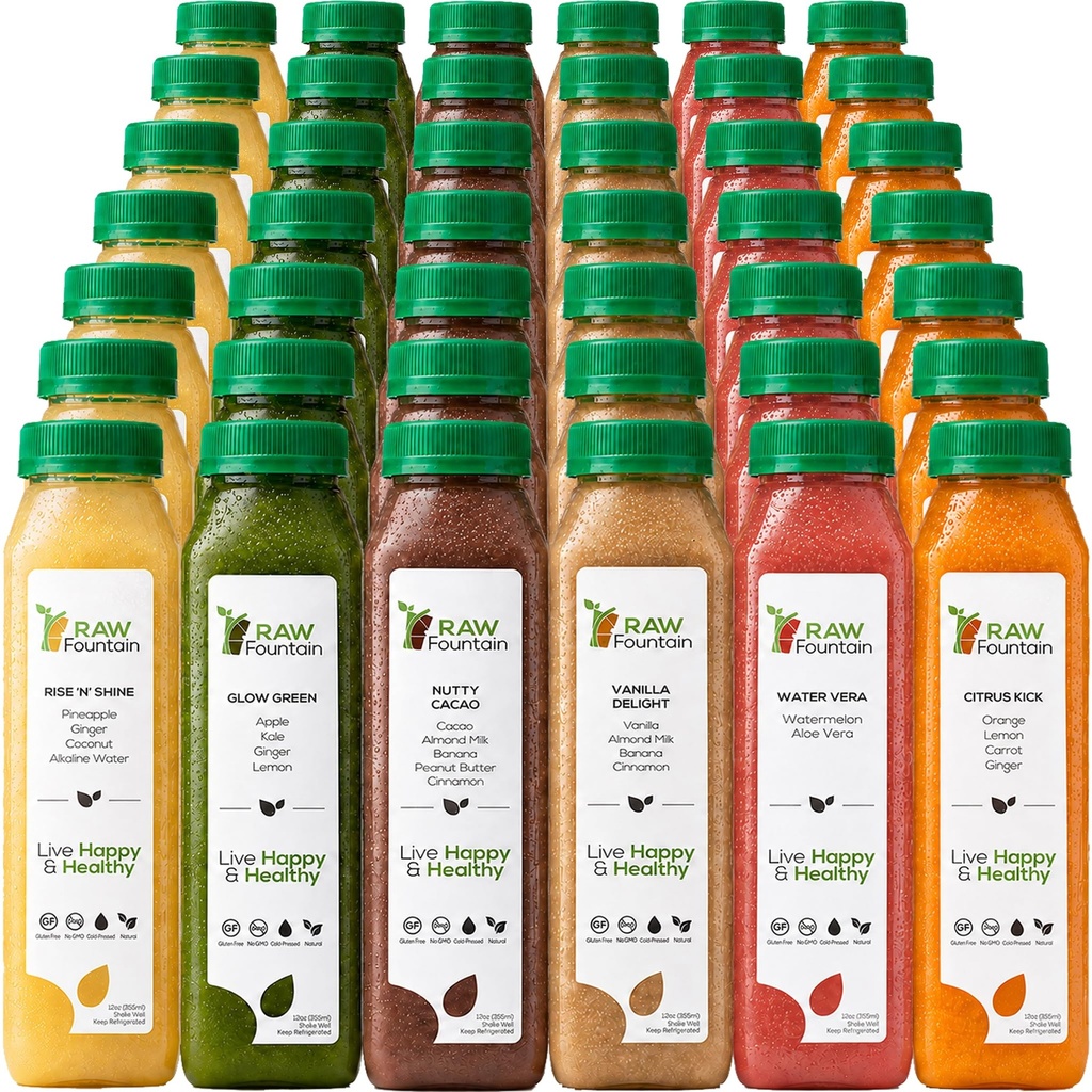 7 dagen Proteïnesap Reiniging door ruwe fontein, alle natuurlijke ruwe detox reiniging, koude geperste vruchten, groenten, vanille en chocolade smaak, smakelijk en energizing, 42 flessen 12oz, 3 Gember Shots