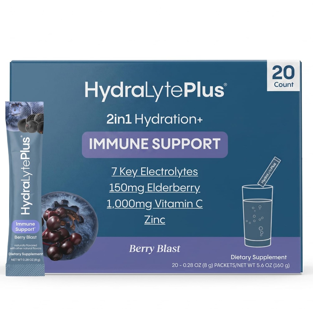 Hydralyte Electrolytes Plus Immuniteit, Vlierbessen - Lage suiker Snelle rehydratatie poeder - licht Sparkling Electrolyte poeder pakketten met 1000 mg vitamine C en 300 mg Vlierbessen (8oz Serve, 20 Tel)