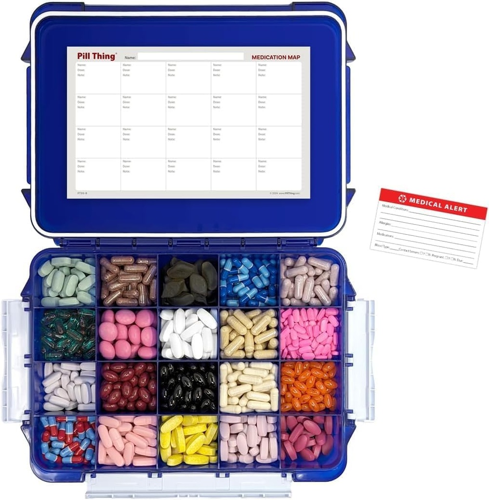 20 Compartiment UV-beschermde grote Cobalt Blue Pill Case met luchtdichte Seal, Spill Proof, Siliconen pakking Waterdichte Med Box met Medicijnkaart (Cobalt Blue, 20 Compartiment - 1 Pack)
